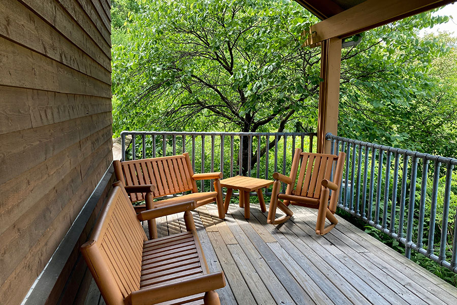 wooden deck chairs at lodge